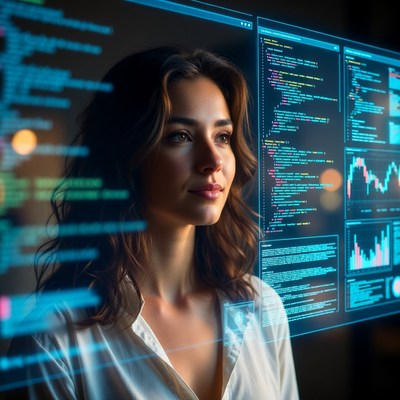 Woman viewing holographic code screens