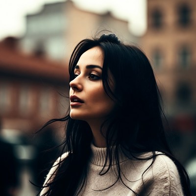 Woman with long black hair in city