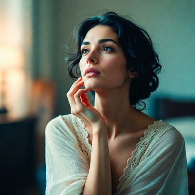 Beautiful woman touching face thoughtfully