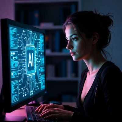 Woman coding AI on computer