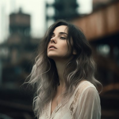 Woman with long hair in industrial background