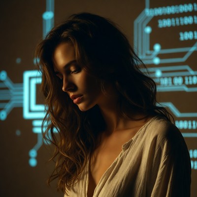 Woman with holographic digital background