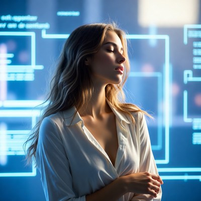 Blonde woman with code screens