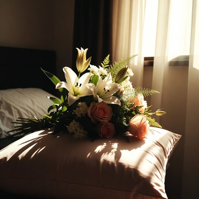 Lilies and Roses Bouquet on Pillow