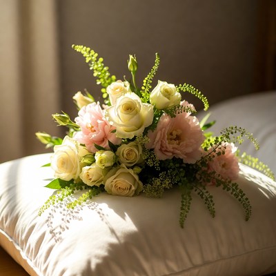 Pink and White Roses Bouquet on Pillow