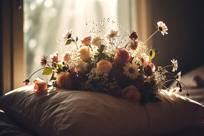 Flower Bouquet on White Pillow
