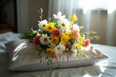 Colorful Daisy Bouquet on Pillow