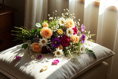 Colorful Flower Bouquet on White Pillow