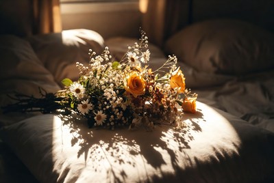 Bouquet of yellow flowers on bed