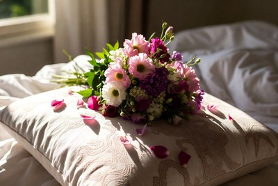 Pink Flower Bouquet on Bed
