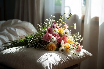 Colorful bouquet on white pillow