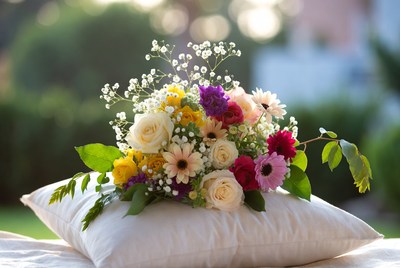 Colorful Flowers Bouquet on White Pillow