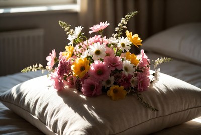 Colorful Daisies Bouquet on Bed Pillow