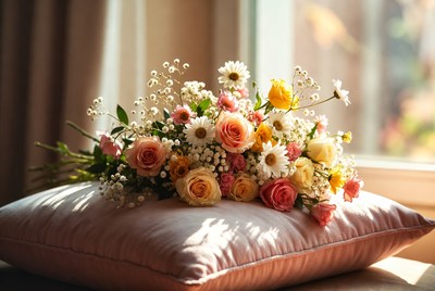 Colorful Flower Bouquet on Pink Pillow