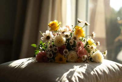 Colorful Flower Bouquet on White Pillow