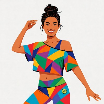 Asian woman dancing in colorful geometric outfit