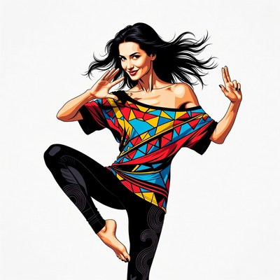 Woman dancing in colorful geometric top