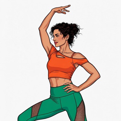 Curly-haired woman in dance pose