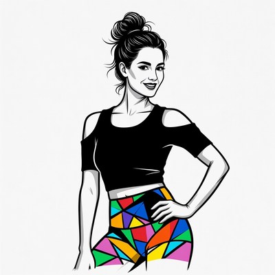Woman in black crop top colorful pants