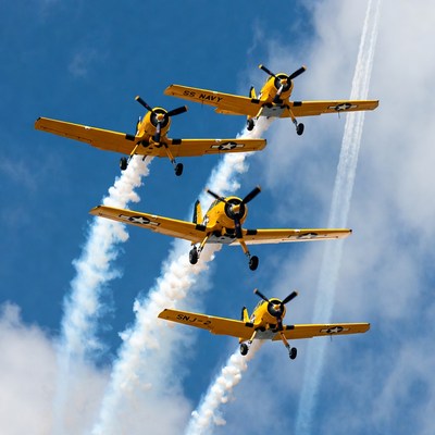 Yellow Navy Propeller Planes Flying in Formation
