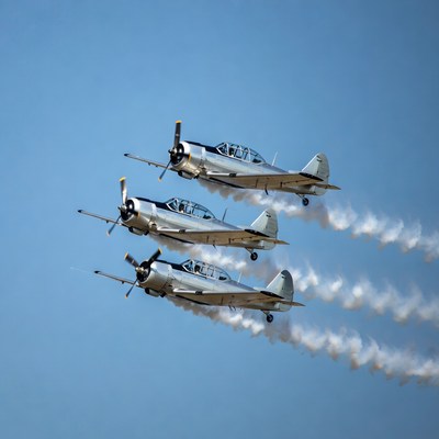 Three Silver Propeller Planes Flying in Formation