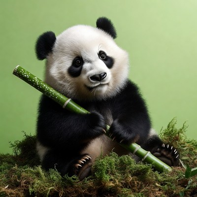 Baby panda holding bamboo