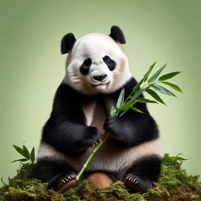 Panda holding bamboo on moss