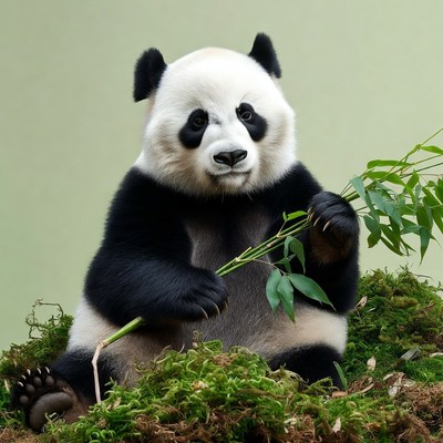 Panda holding bamboo on moss