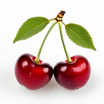 Two Red Cherries with Leaves