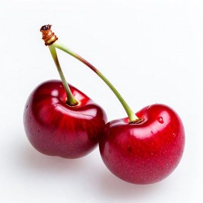 Two red cherries on stem