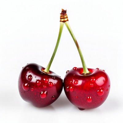 Two Wet Cherries on White Background