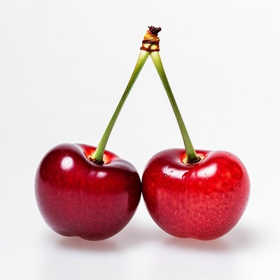 Two red cherries on stems