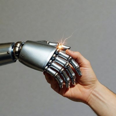 Human hand touching robotic hand with electricity