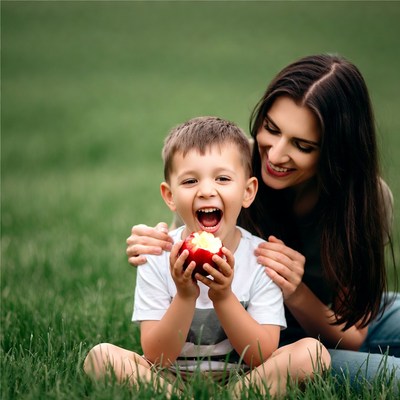 Boy eating apple with mom in grass