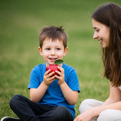 Boy holding red apple with mom