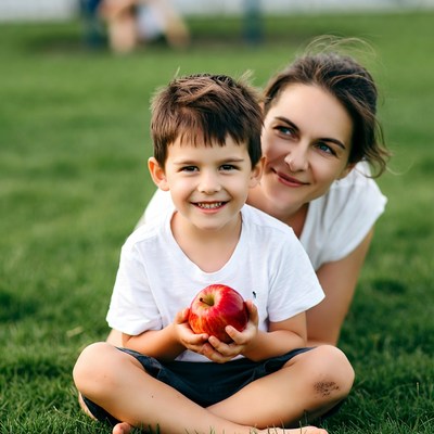 Boy holding red apple with mom
