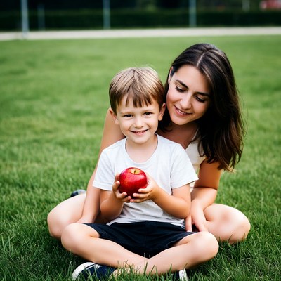 Boy holding red apple with mom on grass