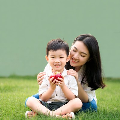 Asian boy holding red apple with mother