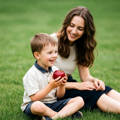 Boy holding red apple with smiling mom