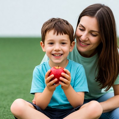 Boy holding red apple with mom