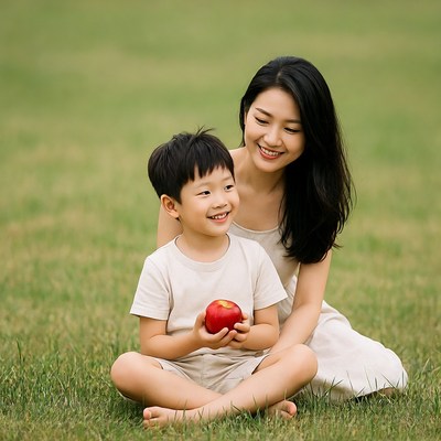 Asian mother and boy holding red apple
