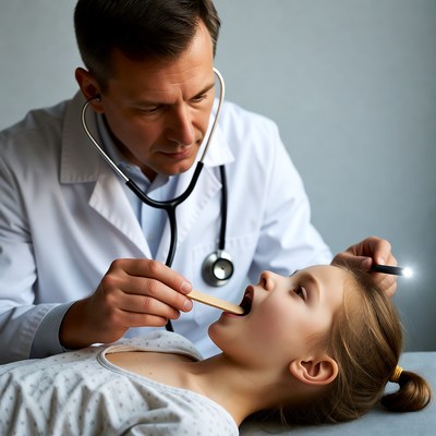 Doctor examining girl's throat