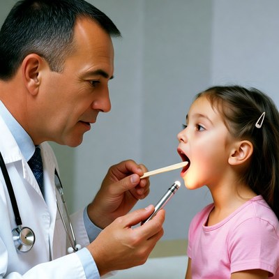 Doctor examining girl's throat