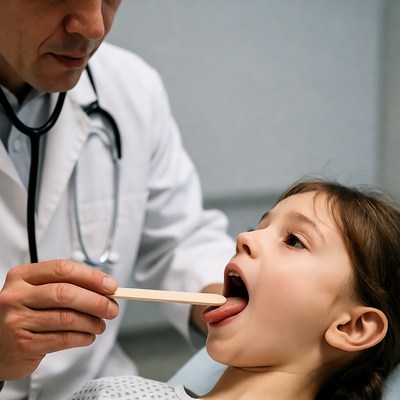Doctor examining girl's throat