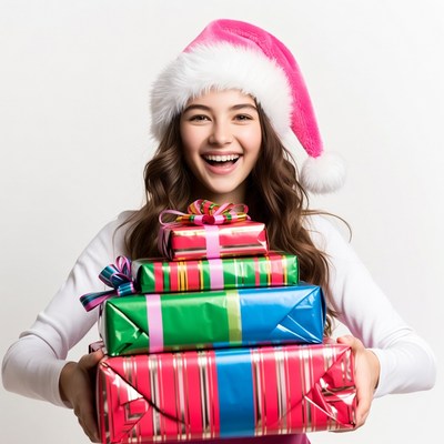 Girl holding Christmas presents