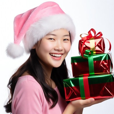 Asian girl in pink Santa hat holding Christmas gifts
