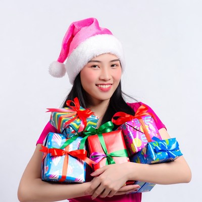 Asian woman holding Christmas gifts