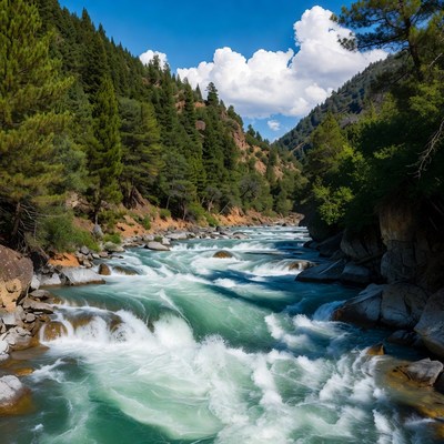 Mountain River Flowing Through Pine Forest