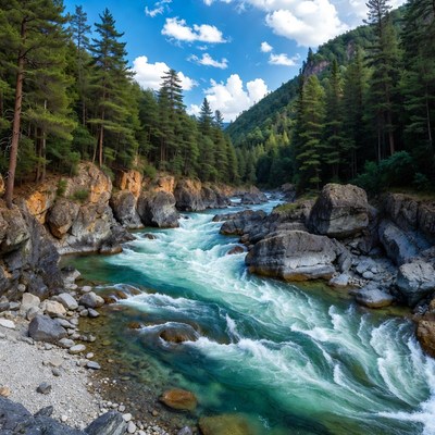 Mountain River Flowing Through Forest