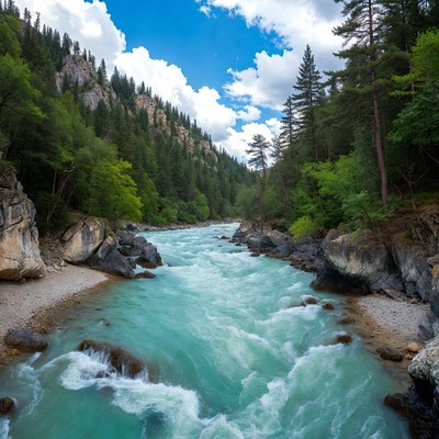 Turquoise River Flowing Through Mountain Forest